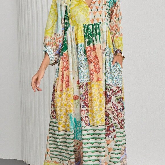 Yellow Boho Women's Bohemian Lantern Sleeve V Neck Tie Pockets Maxi Dress - Picture 6 of 6